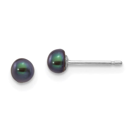 14k White Gold 3-4mm Black Button FW Cultured Pearl Stud Post Earrings ,