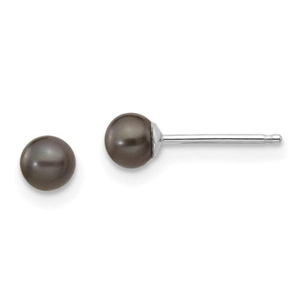 14k White Gold 3-4mm Black Round FW Cultured Pearl Stud Post Earrings ,