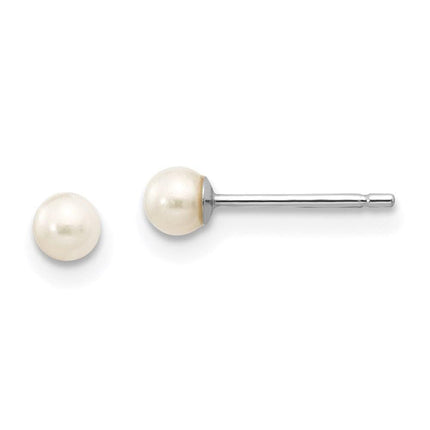 14k White Gold 3-4mm White Round FW Cultured Pearl Stud Post Earrings ,