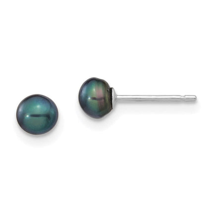 14k White Gold 4-5mm Black Button FW Cultured Pearl Stud Post Earrings ,