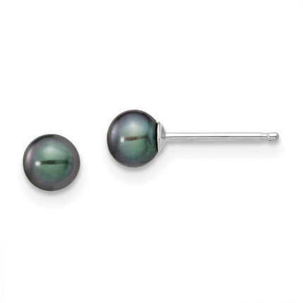 14k White Gold 4-5mm Black Round FW Cultured Pearl Stud Post Earrings ,
