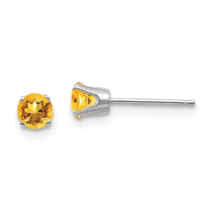 14k White Gold 4mm Citrine Stud Earrings ,