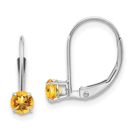14k White Gold 4mm Round November/Citrine Leverback Earrings ,