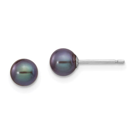 14k White Gold 5-6mm Black Round FW Cultured Pearl Stud Post Earrings ,