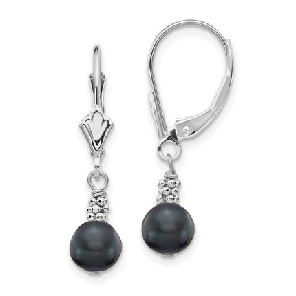14K White Gold 5-6mm Black Semi-round FWC Pearl Leverback Earrings ,