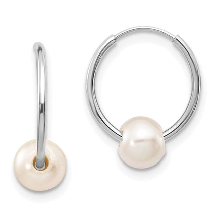 14k White Gold 5-6mm White Freshwater Cultured Pearl Endless Hoop Earrings ,