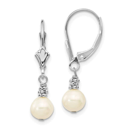 14K White Gold 5-6mm White Semi-round FWC Pearl Leverback Earrings ,