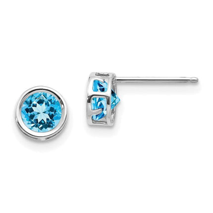 14k White Gold 5mm Bezel Blue Topaz Stud Earrings ,