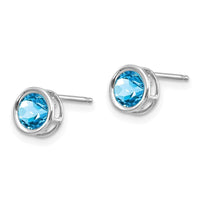 14k White Gold 5mm Bezel Blue Topaz Stud Earrings ,