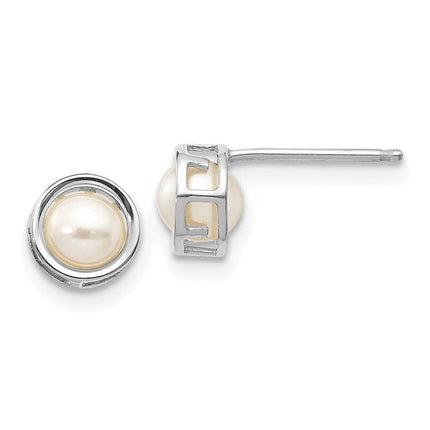 14k White Gold 5mm Bezel FW Cultured Pearl Stud Earrings ,