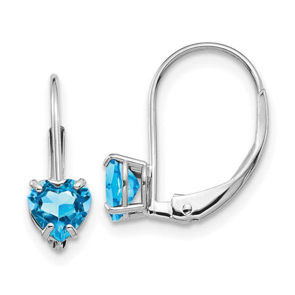 14k White Gold 5mm Heart Blue Topaz Leverback Earrings ,