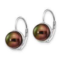 14K White Gold 6-7mm Black Button FW Cultured Pearl Leverback Earrings ,