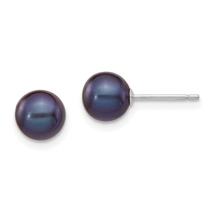 14k White Gold 6-7mm Black Round FW Cultured Pearl Stud Post Earrings ,