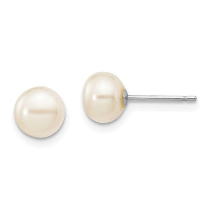 14k White Gold 6-7mm White Button FW Cultured Pearl Stud Post Earrings ,