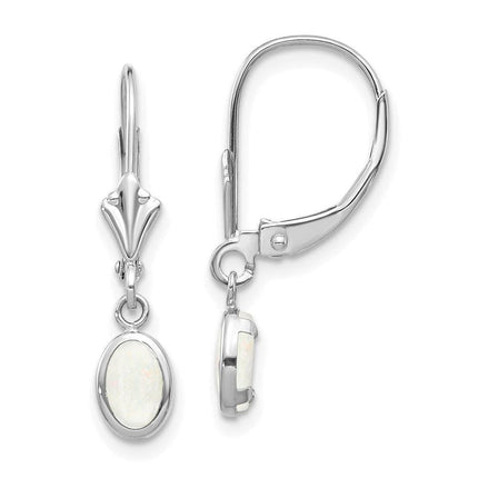 14k White Gold 6x4 Oval Bezel October/Opal Leverback Earrings ,