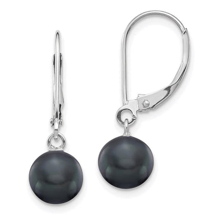14K White Gold 7-7.5mm Black Round FWC Pearl Leverback Earrings ,