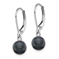 14K White Gold 7-7.5mm Black Round FWC Pearl Leverback Earrings ,