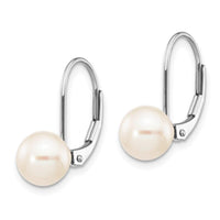 14k White Gold 7-8mm Round Freshwater Cultured Pearl Leverback Earrings ,