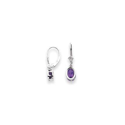 14k White Gold 7x5mm Oval Amethyst Leverback Earrings ,