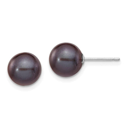 14k White Gold 8-9mm Black Round FW Cultured Pearl Stud Post Earrings ,