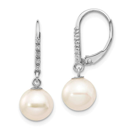 14k White Gold 8-9mm Round FWC Pearl .05ct Diamond Leverback Earrings ,
