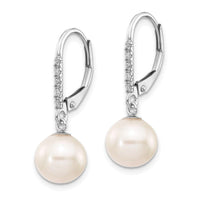 14k White Gold 8-9mm Round FWC Pearl .05ct Diamond Leverback Earrings ,