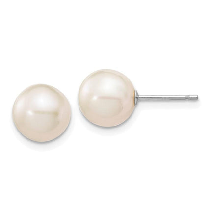 14k White Gold 8-9mm White Round FW Cultured Pearl Stud Post Earrings ,