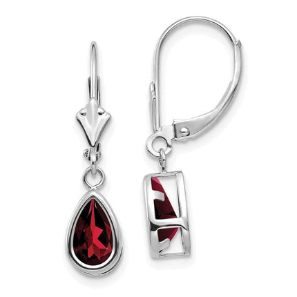 14k White Gold 8x5mm Pear Garnet Leverback Earrings ,