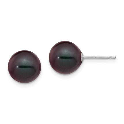 14k White Gold 9-10mm Black Round FW Cultured Pearl Stud Post Earrings ,