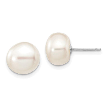 14k White Gold 9-10mm White Button FW Cultured Pearl Stud Post Earrings ,