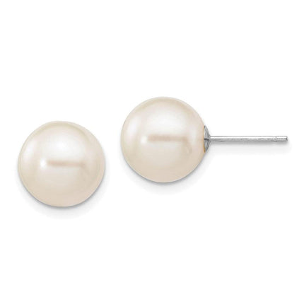 14k White Gold 9-10mm White Round FW Cultured Pearl Stud Post Earrings ,
