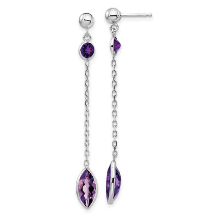 14k White Gold Amethyst Post Dangle Earrings ,