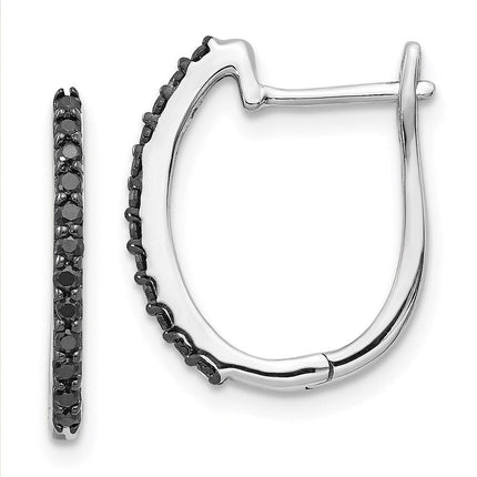14K White Gold Black Diamond 1.3mm Hinged Hoop Earrings ,