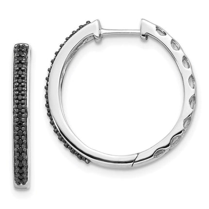 14K White Gold Black Diamond 2mm Hinged Hoop Earrings ,