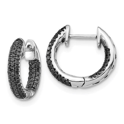 14k White Gold Black Diamond Hinged Hoop Earrings ,