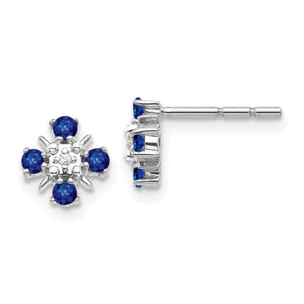 14k White Gold Blue Sapphire & Diamond Post Earrings ,