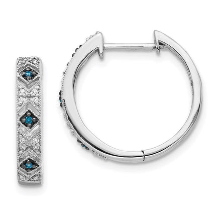 14K White Gold Blue/White Diamond Hinged Hoop Earrings ,