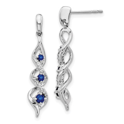 14k White Gold Diamond and Blue Sapphire Post Dangle Earrings ,