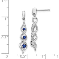 14k White Gold Diamond and Blue Sapphire Post Dangle Earrings ,