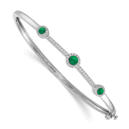 14k White Gold Diamond & Cabochon Emerald Bangle ,