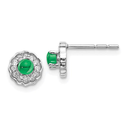 14k White Gold Diamond & Cabochon Emerald Earrings ,