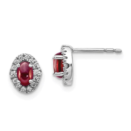 14k White Gold Diamond & Cabochon Garnet Earrings ,