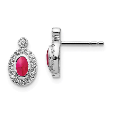14k White Gold Diamond & Cabochon Ruby Earrings ,