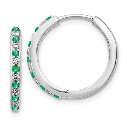 14k White Gold Diamond & Emerald Hinged Hoop Earrings ,
