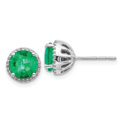 14k White Gold Diamond & Emerald Post Earrings ,