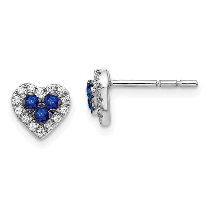 14K White Gold Diamond & Sapphire Heart Post Earrings ,