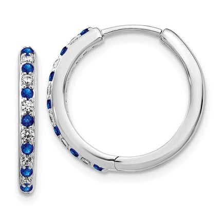14k White Gold Diamond & Sapphire Hinged Hoop Earrings ,