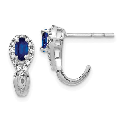 14K White Gold Diamond & Sapphire J Hoop Post Earrings ,