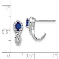 14K White Gold Diamond & Sapphire J Hoop Post Earrings ,
