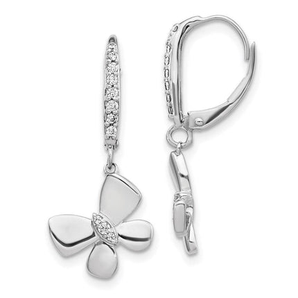 14k White Gold Diamond Butterfly Leverback Earrings ,